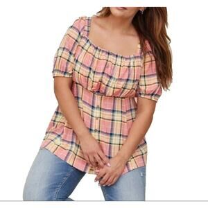 Torrid Babydoll Top 2X Pink Plaid Milkmaid Prairie Stretch Slub Puff Sleeve 2022